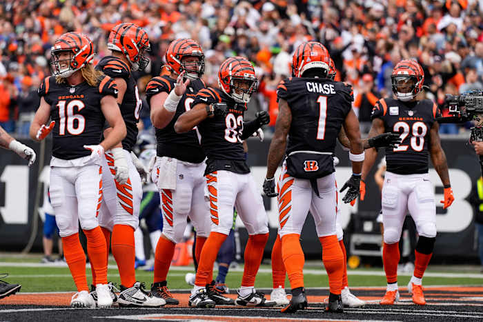 Cincinnati Bengals wide receiver Tyler Boyd (83) celebrates a touchdown in the first quarter of the NFL Week 6 game between the Cincinnati Bengals and the Seattle Seahawks at Paycor Stadium in downtown Cincinnati on Sunday, Oct. 15, 2023.  